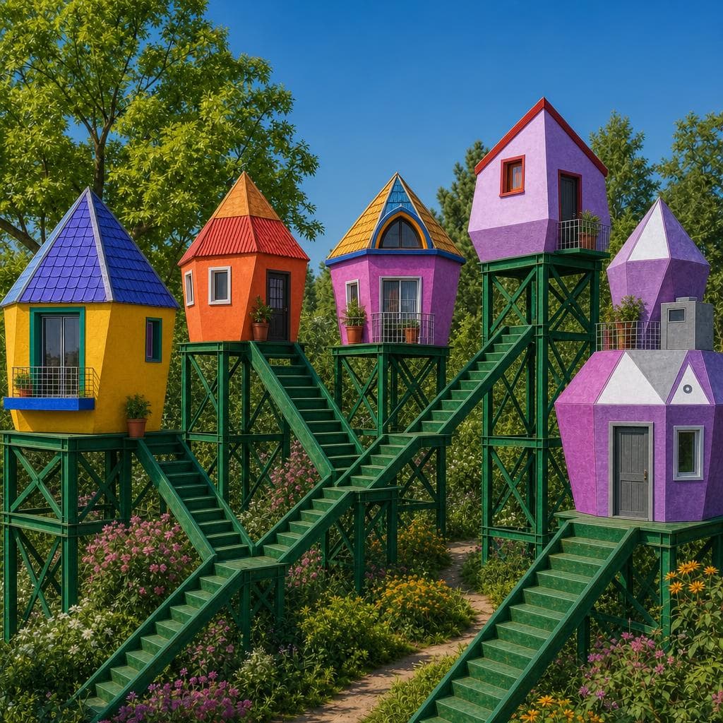 AI generated: Make the houses bigger and correct the height of the metal constructions. Put a door and a window to...