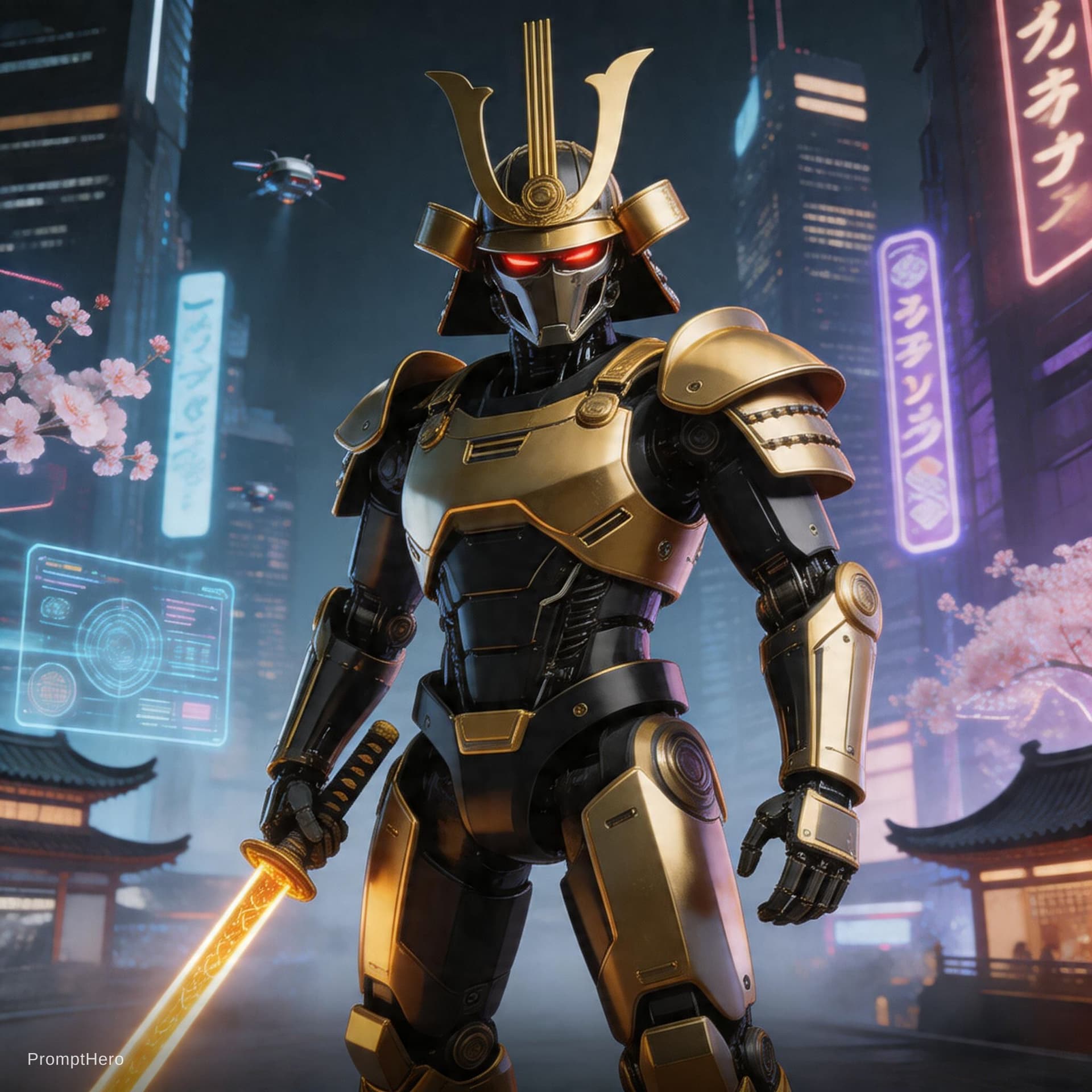 AI generated: samurai relaistic , japanese style, robotic, scifi, high detailed, gold and Clean, and straight Samu...