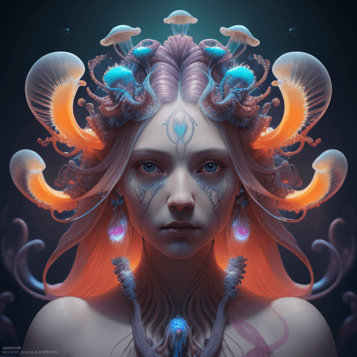AI generated: Goddess close-up portrait ribcagel. jellyfish phoenix head, nautilus, orchid, skull, betta fish, bio...