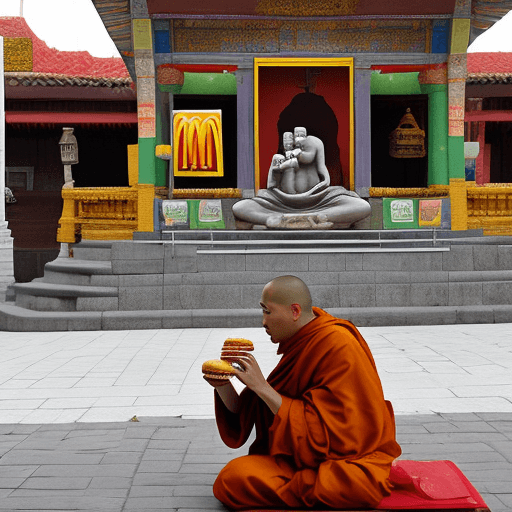 AI generated: a monk eating mc donalds in front of temple