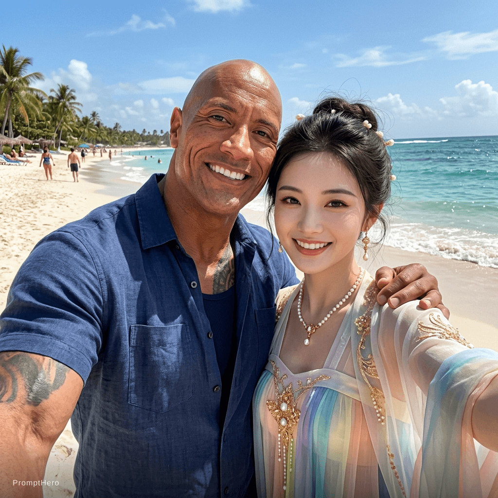 AI generated: with Dwayne Johnson at a tropical beach, sunny day, both smiling