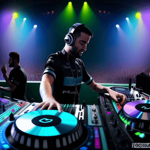 AI generated: Un dj tocando su equipo, fondo psicodelico, fotorrealista, f1.4, 4k