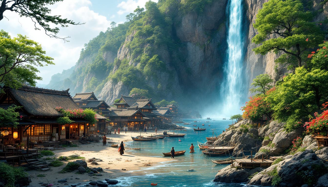 AI generated:  A dreamlike feudal Japanese fishing village scene unfolds on a rugged sea coast, where a vibrant wa...