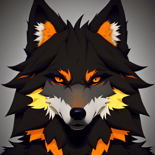 AI generated: Make a fursona wolf-like headshot with mostly black fur, it's underbelly white, and highlights of ye...