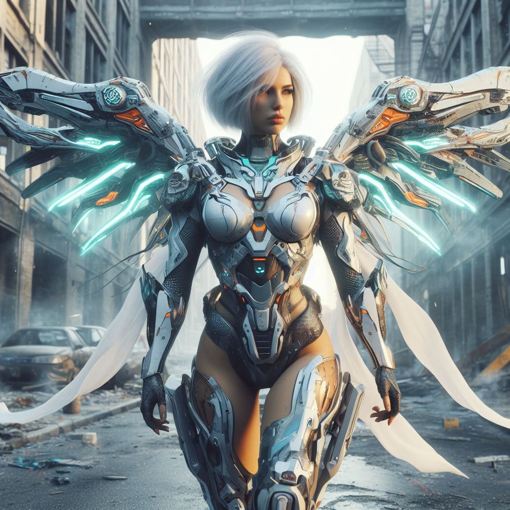 AI generated: Digital art, full-length shot, dynamic angle, stunning badass futuristic woman warrior wearing sci-f...