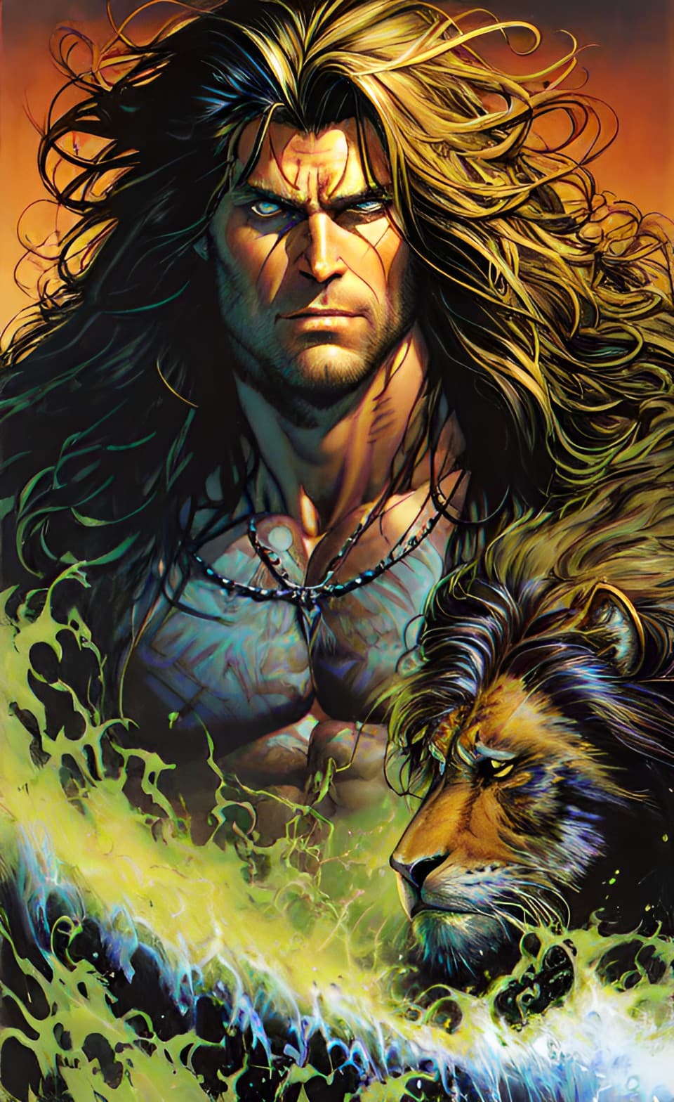 AI generated: Wild Tarzan Comic Portrait Poster, strong muscular, long hair, vivd color, highest resolution, by Jo...
