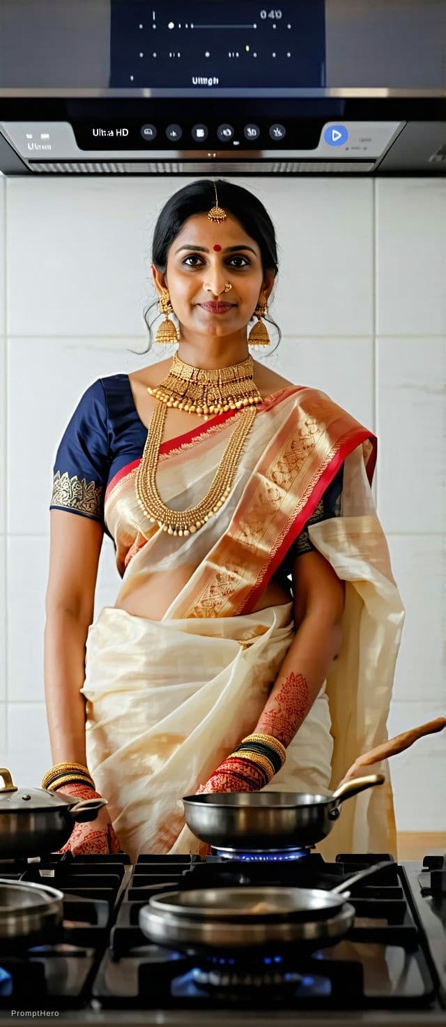 AI generated: Create an image of a beautiful natural body indian model as a house maid, skin tone little bit fair,...