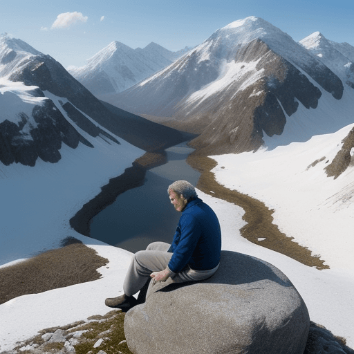 AI generated: Photograph of a man of about forty years old, sitting, sentient, on a rock, at a high point of a sno...