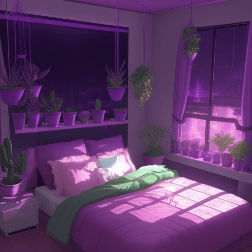 AI generated:  aesthetic bedroom, anime style, night, plants, cute, cactus, purple soft lights, gamer otaku, anime...