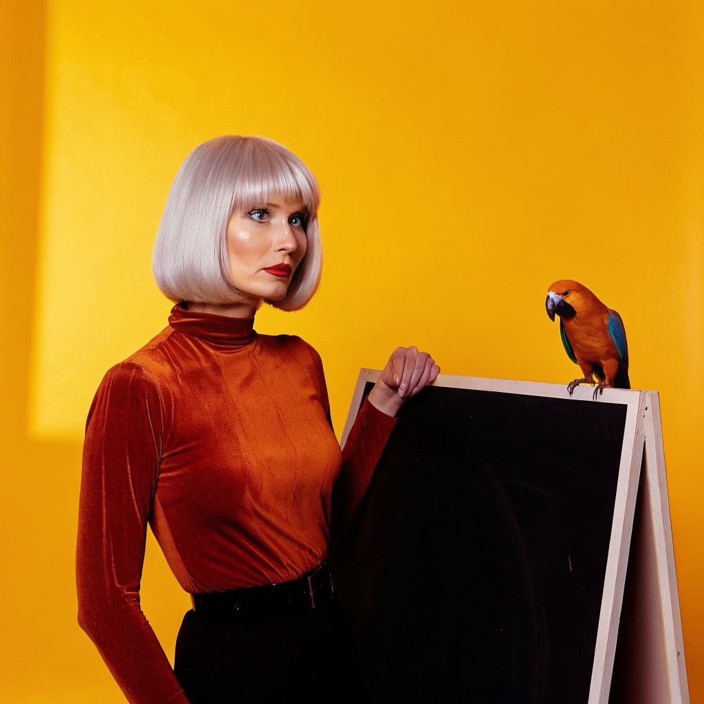 AI generated: Alluring math teacher by the blackboard", "appearance": "Straight white - blonde hair with bangs, po...