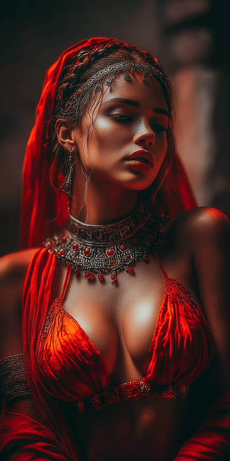AI generated: A sensual portrait of a beautiful woman, wearing elaborate red attire and jewelry, dramatic lighting...