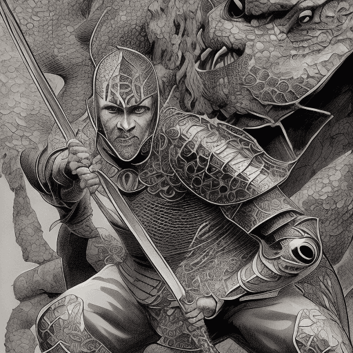 AI generated: ink on paper comic drawing of a knight stabbing a serpent, style of a graphic novel by Michael Zulli...