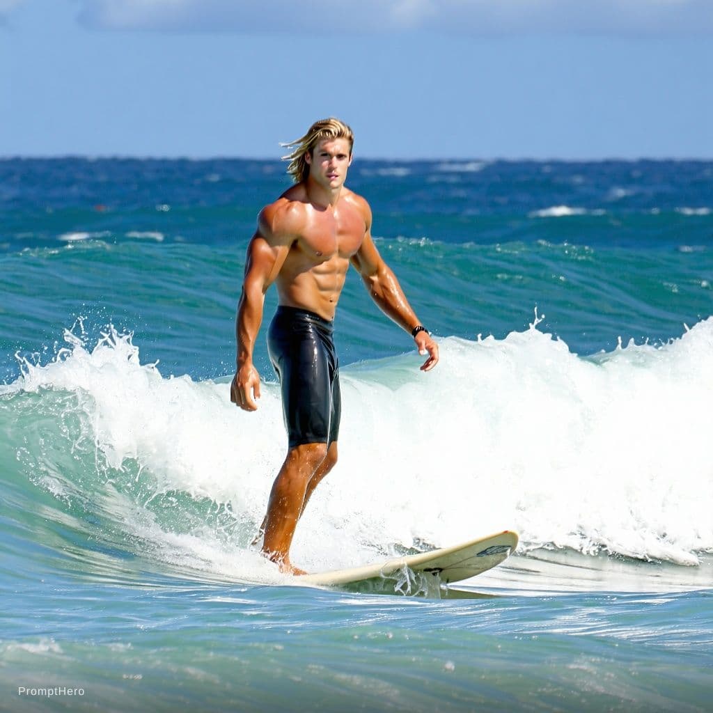 AI generated: A beautiful day at the beach in Hawaii with excellent surf and perfect tubular waves. One young surf...