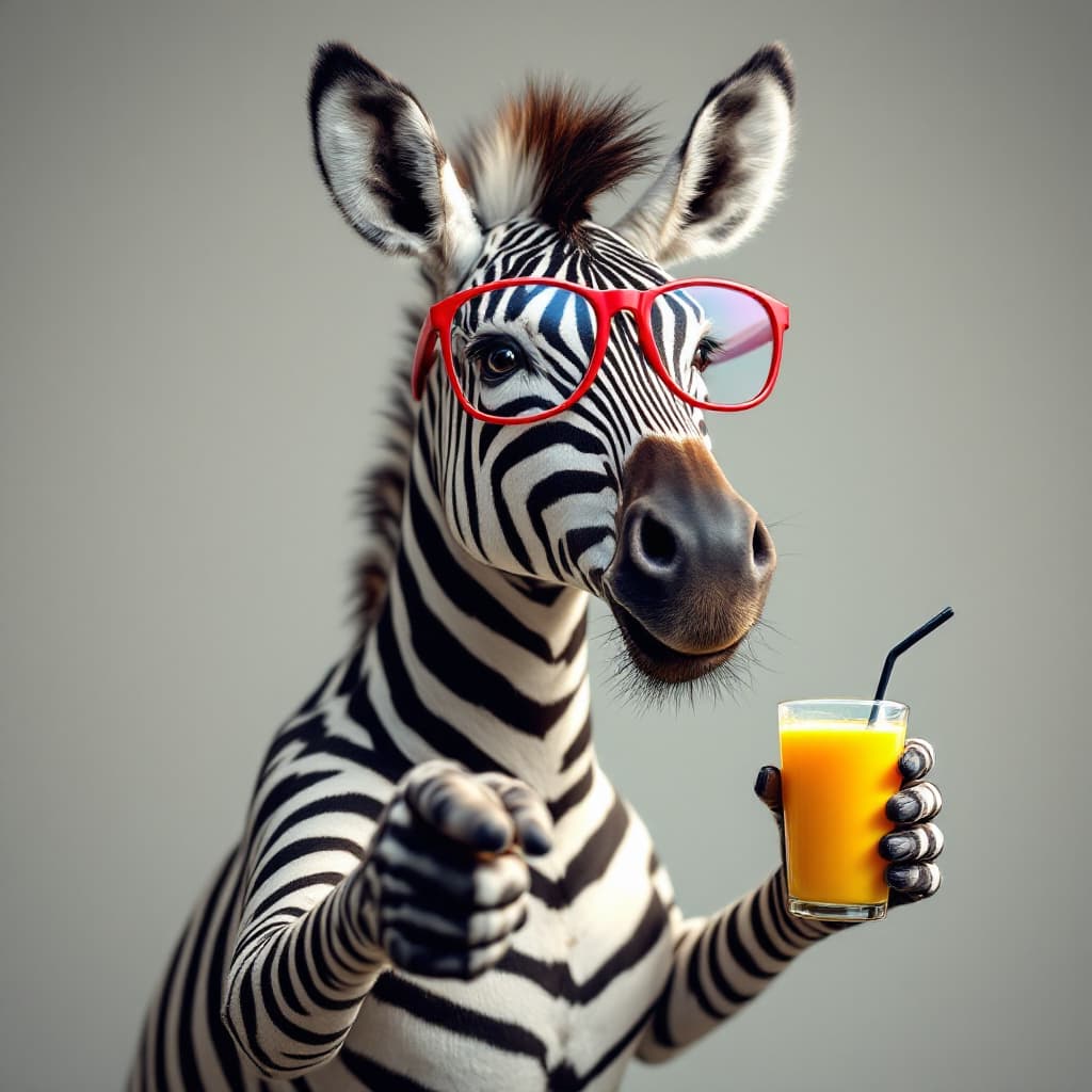 AI generated: A smiley zebra with red glasses and a juice in hand pointing towards the camera