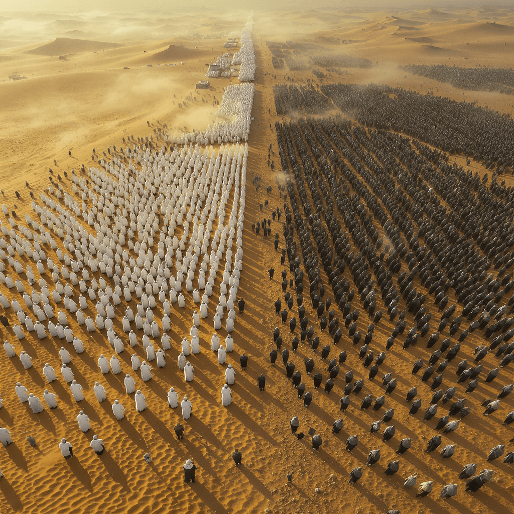 AI generated: Epic symmetrical battlefield scene, 624 AD Battle of Badr, aerial view, two armies in perfect symmet...