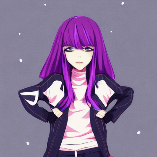 AI generated: Close up of a person with pink hair and a purple jacket, sporty anime girl, cute anime girl, detaile...