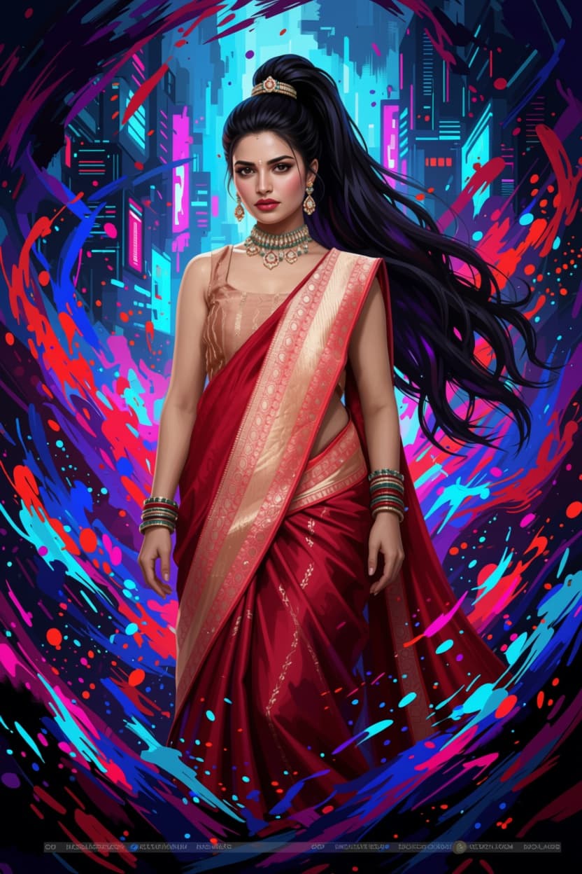 AI generated: A commanding, seductive young empress stands at the center, her long obsidian hair styled in a high,...
