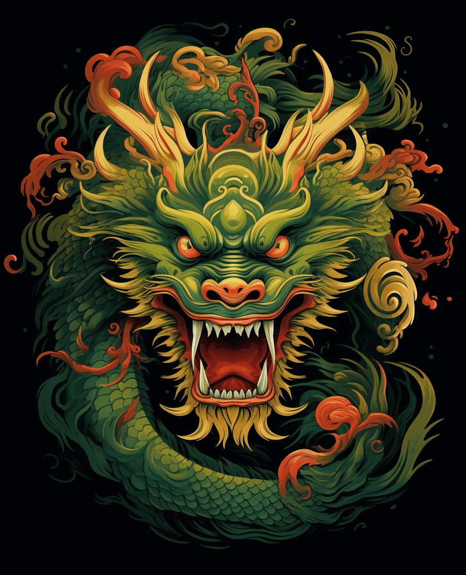 AI generated: a dragon in chinesse, in the style of bold, graphic compositions, dark green and amber, black backgr...