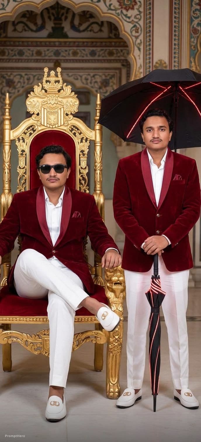 AI generated: A hyper-realistic cinematic royal portrait of a stylish 18 year man wearing a luxurious deep red vel...