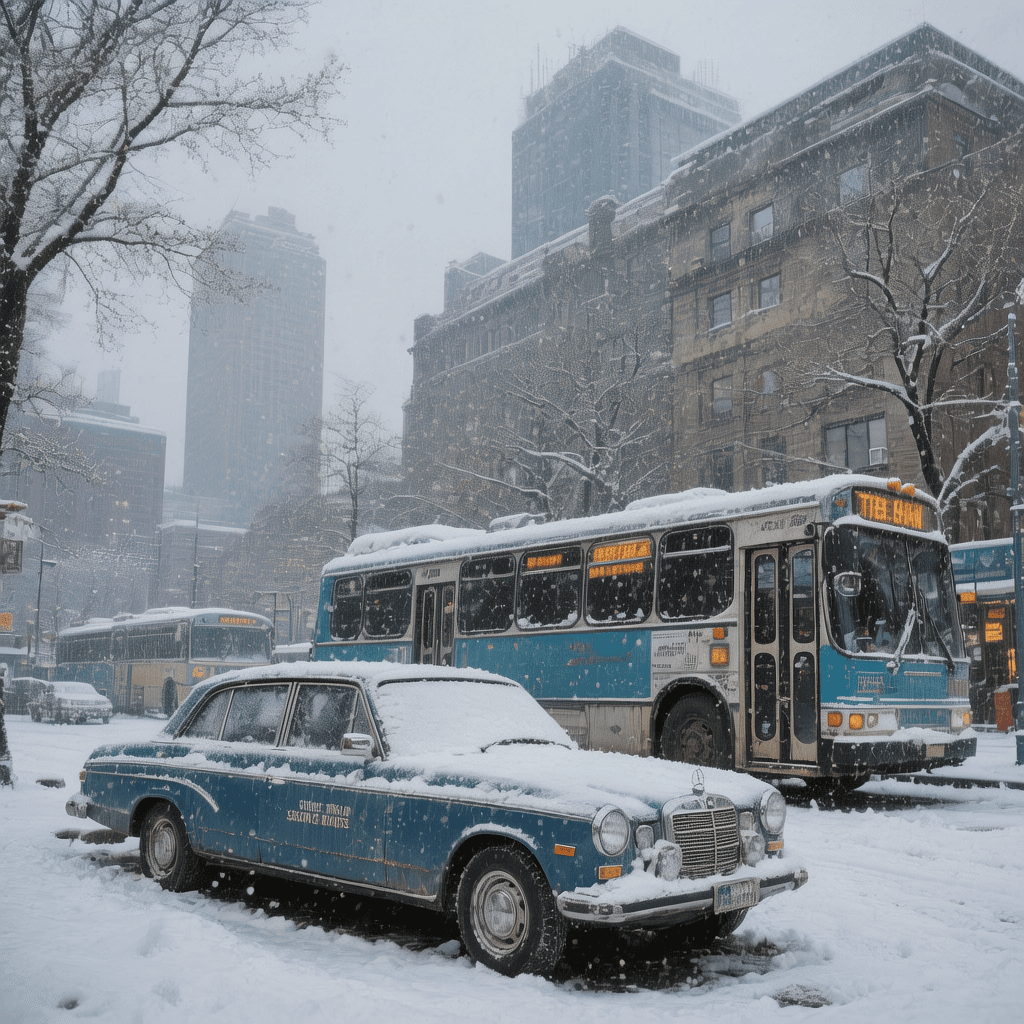 AI generated: Preserve the car, the bus and the buildings. Let it snow