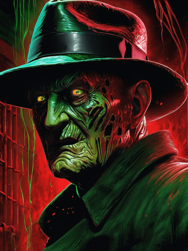 AI generated: In a surreal dreamscape, an ominous figure with a twisted, burned visage, Freddy Krueger, lurks with...