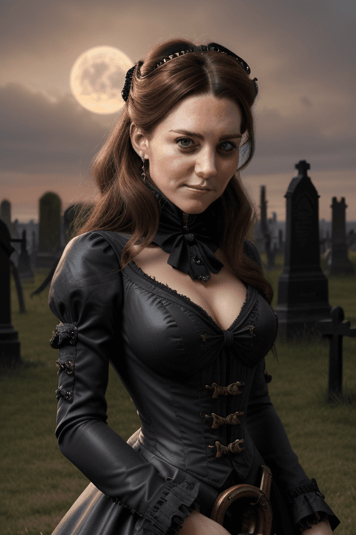 AI generated: Kate Middleton, steampunk vampire hunter, in a Victorian graveyard at sunset, character portrait, 5 ...