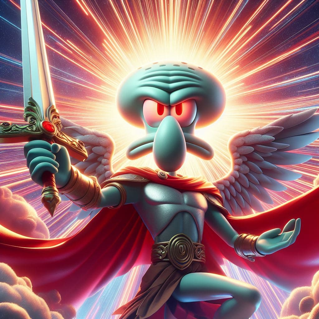 AI generated: Squidward is the mightiest god with a sword, red eyes, heroic pose, divine and celestial light, mast...