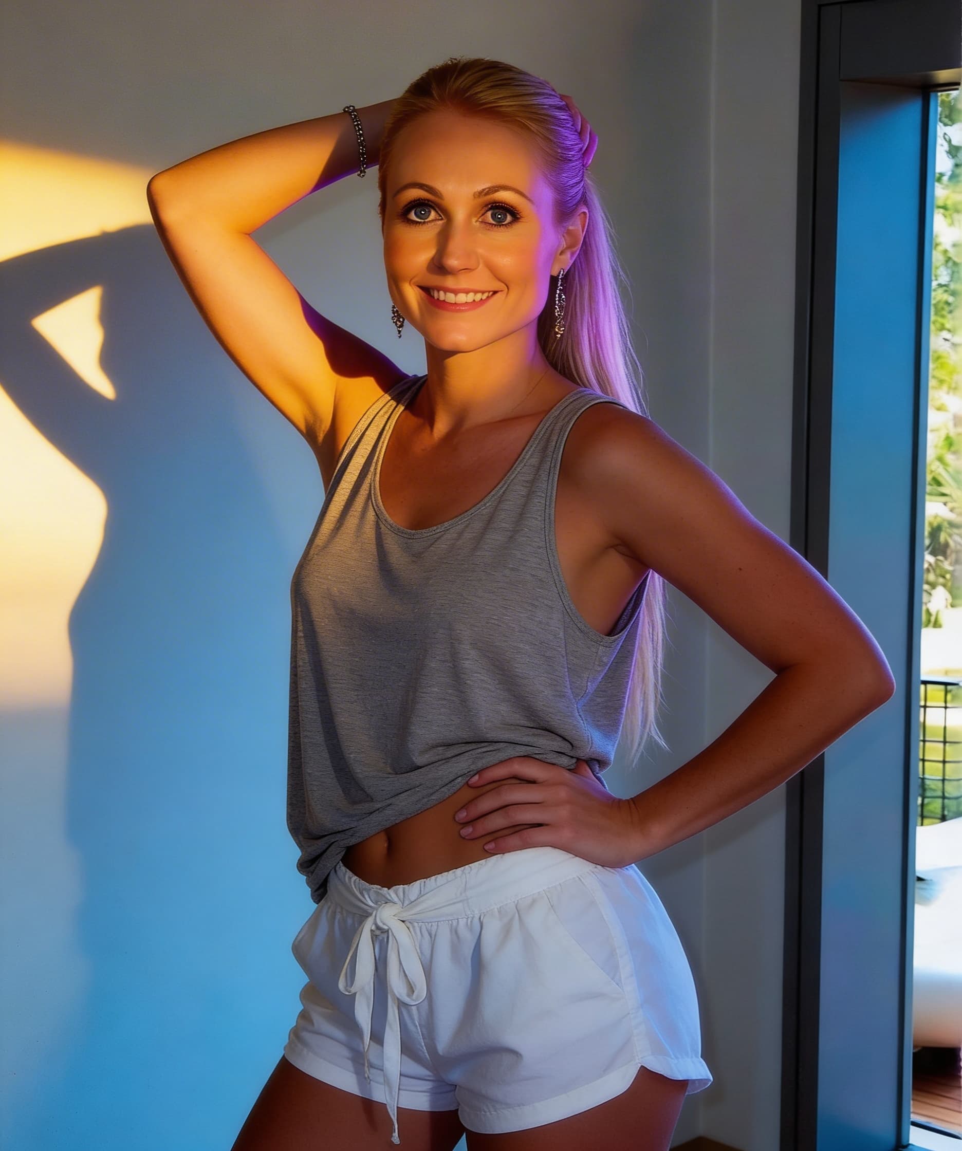 AI generated: A woman stands indoors at night, her long blonde hair pulled back, a loose gray tank top exposing he...