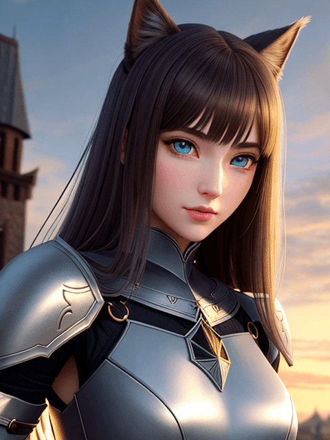 AI generated: A beautiful young catgirl. In the medium-sized light armor of an adventurer. Slender body. A beautif...