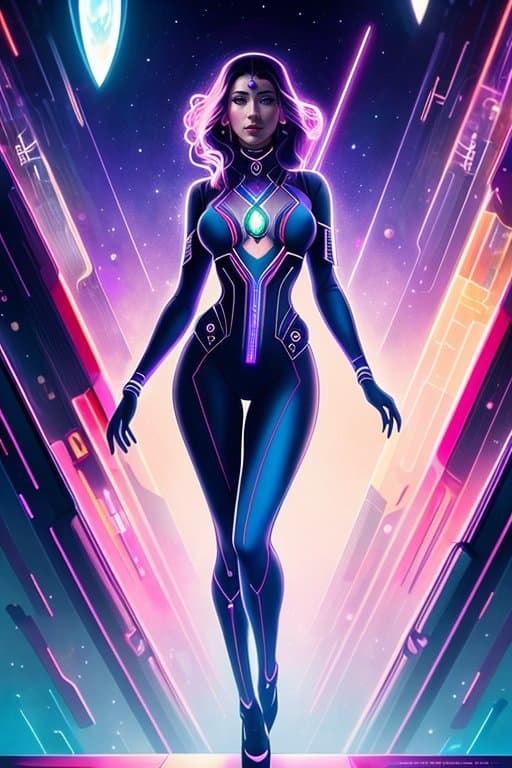 AI generated: full body futuristic stunning babe, style of Wassily Kandinsky, Hand drawn, atmospheric 4k ultra det...