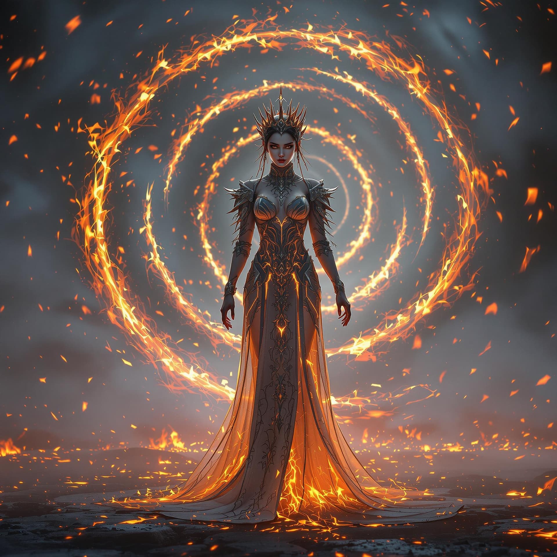 AI generated: young beautiful Queen of the fire standing on ground in spiral flame fog background, glorious, full ...