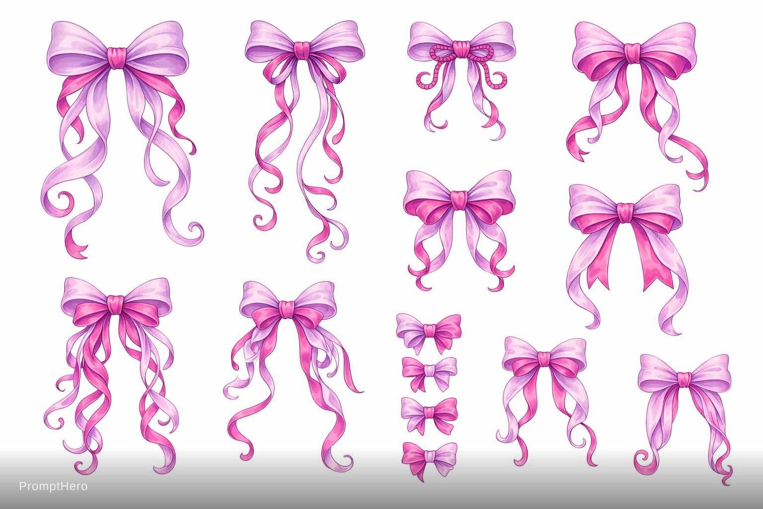 AI generated: Premium coquette bows clipart, 10 unique designs, thin detailed linework + soft fills using exactly ...