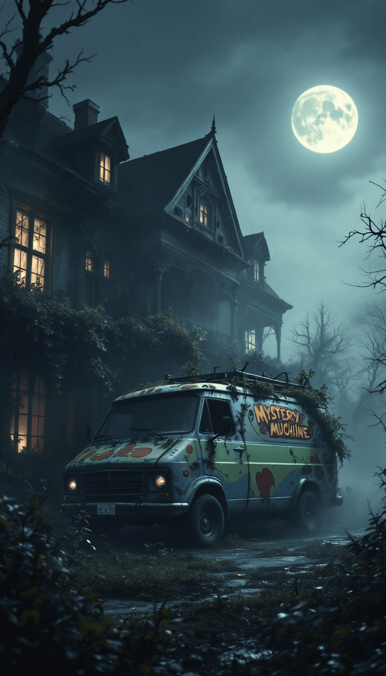AI generated: A rusty and aged version of the Mystery Machine van from Scooby-Doo, covered in vines and surrounded...