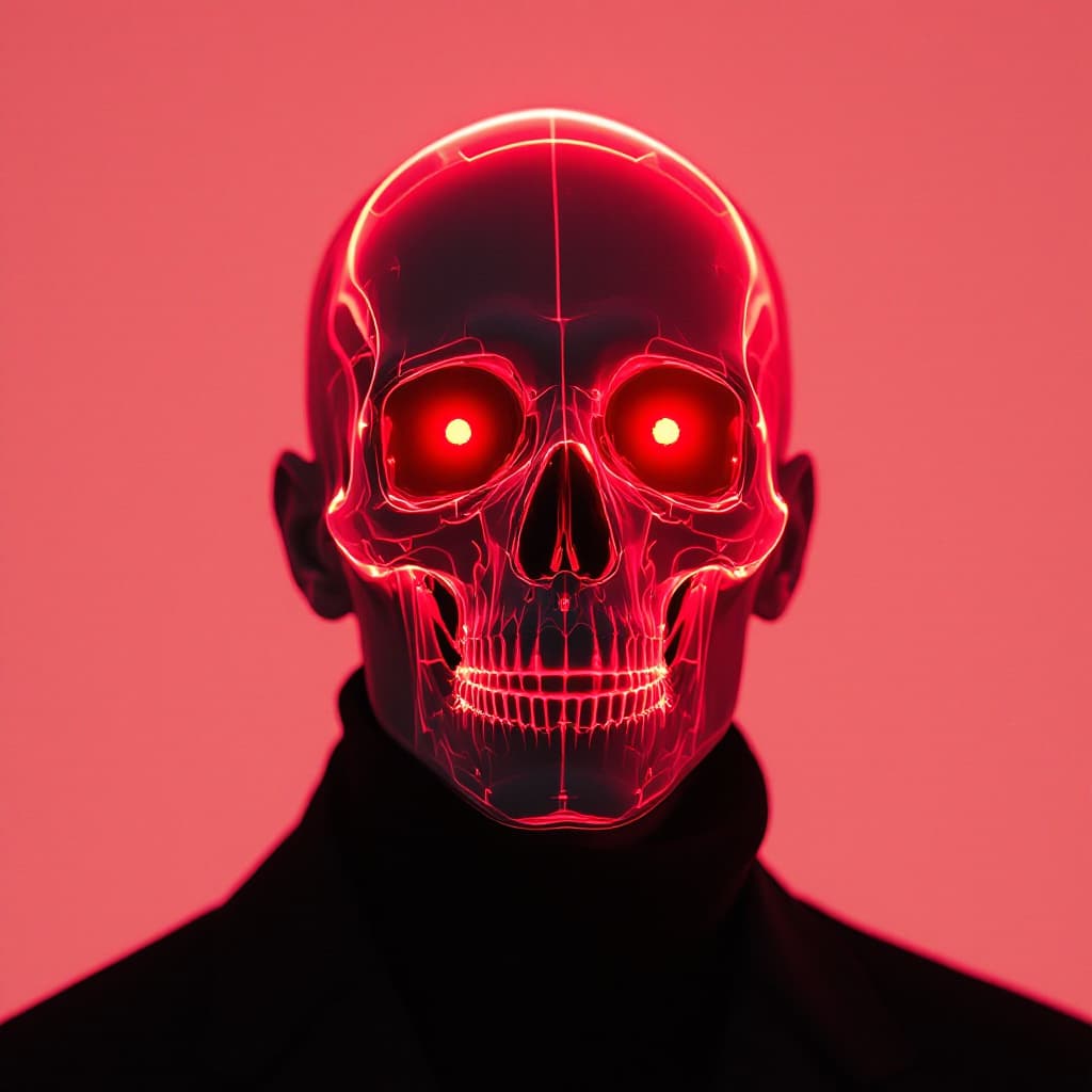 AI generated: futuristic surrealism, front portrait of a man, upper body, transparent skin revealing his skull, gl...