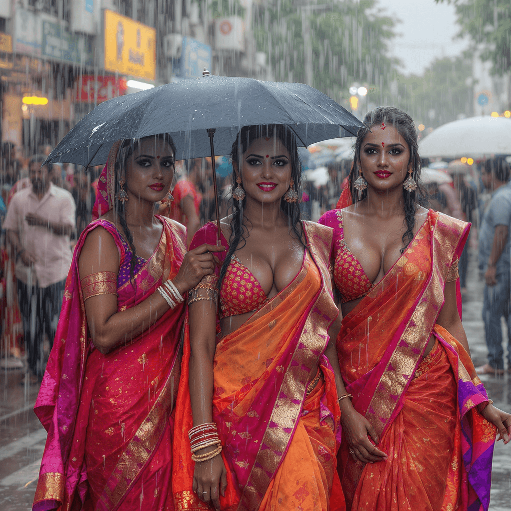 AI generated: A vivid image emerges: In the pouring rain, sultry Indian women adorn vibrant sarees with exposed cl...