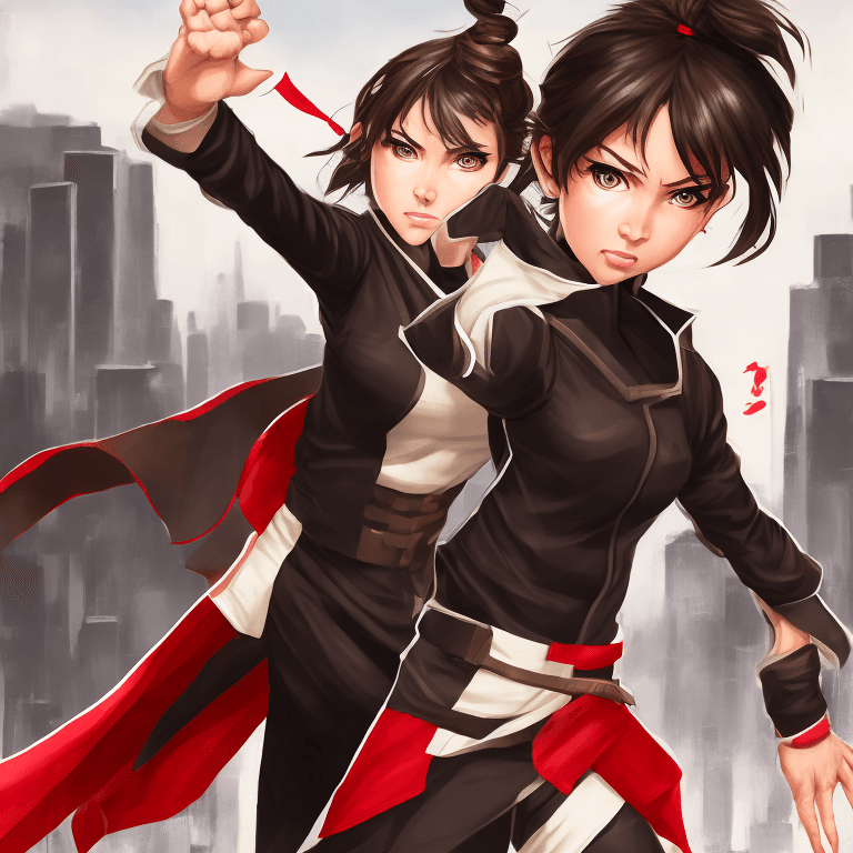 AI generated: "Create an image of a young female character with a confident and fierce expression. She has short b...