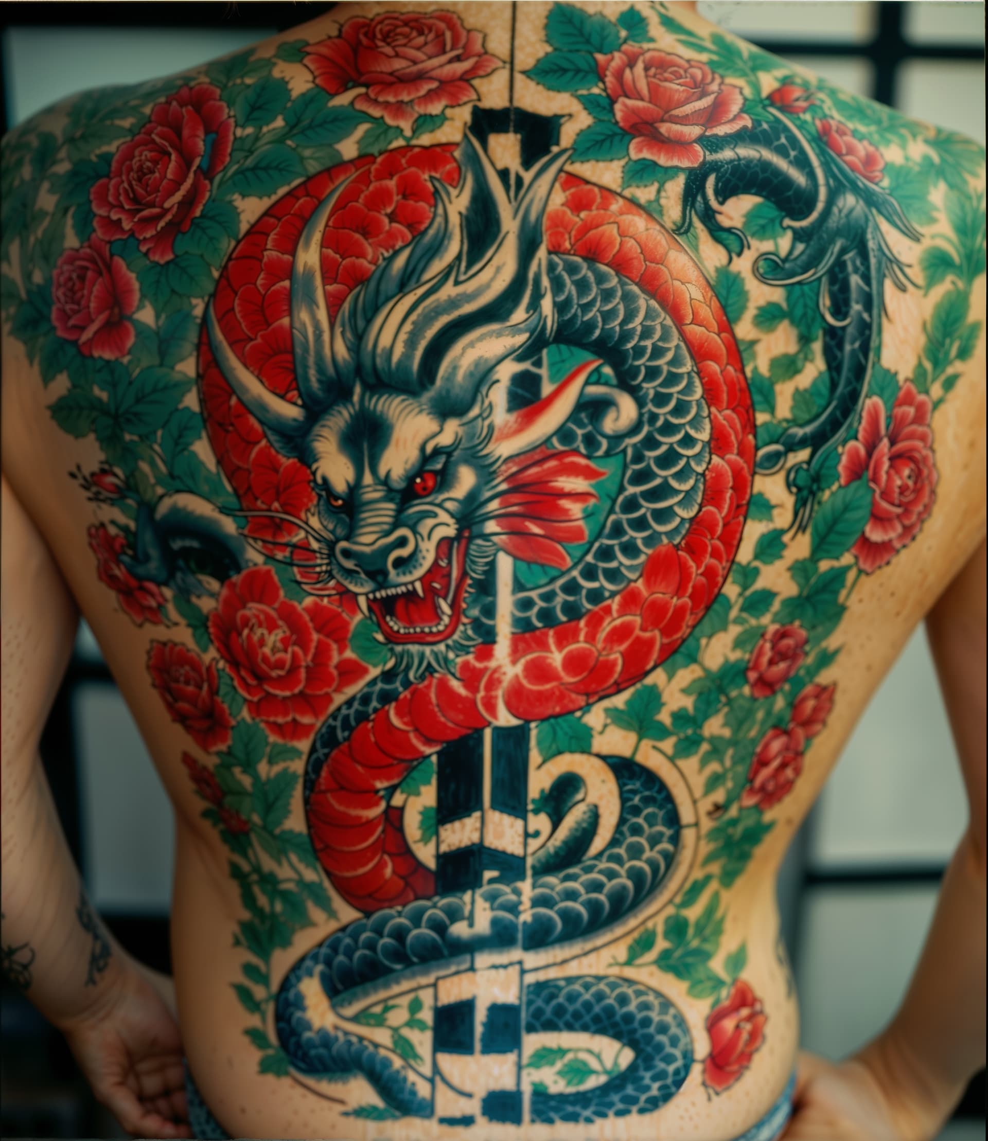 AI generated: A full body photo shot of a ((tattoo) ) of a dragon in a spiral flowing pattern with a field of rose...