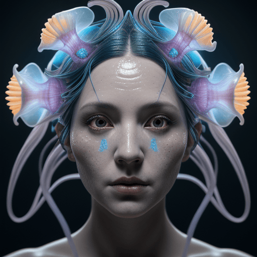 AI generated: Goddess close-up portrait ribcagel. jellyfish phoenix head, nautilus, orchid, skull, betta fish, bio...