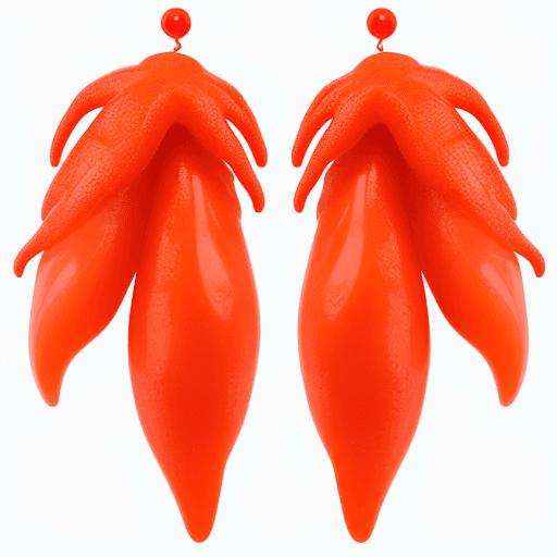 AI generated: a pair of red coral earrings on a white background, blazing fire tornadoes, molten plastic, full of ...