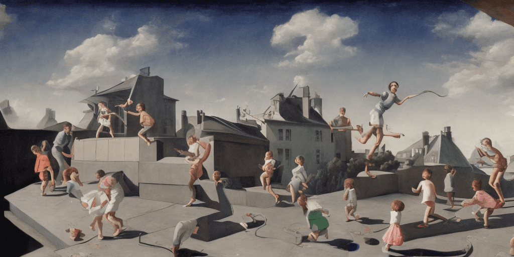 AI generated: children playing on rooftop, neo rauch, painting with incomparable reality, intricate details