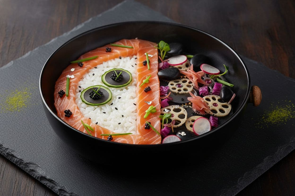 AI generated: presents a beautifully arranged watch that artistically combines elements of Japanese cuisine with  ...