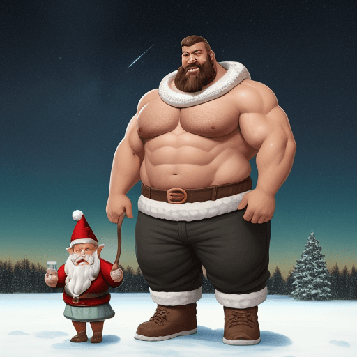 AI generated: big man that is very buff but loves walking his pet gnome in the winter sky