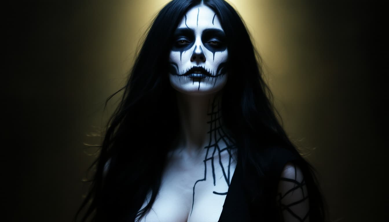 AI generated: The image depicts a decaying woman with long black hair, wearing a black dress with a plunging neckl...