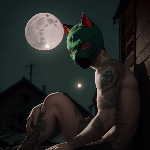 AI generated: 
A young man with red eyes and a green cat mask on his head is sitting on the roof of a broken-down ...