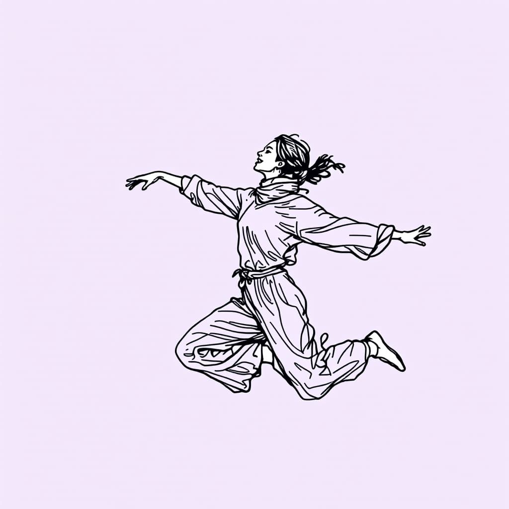 AI generated: minimalist line art drawing of an Iranian woman, wearing mini scarf , looking to horizon, leaping jo...