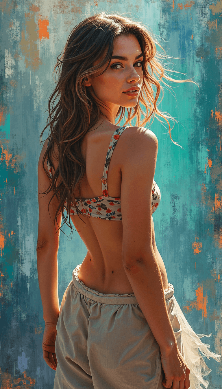 AI generated: A digital painting of a young woman with wavy brown hair wearing a floral bikini top and light pants...