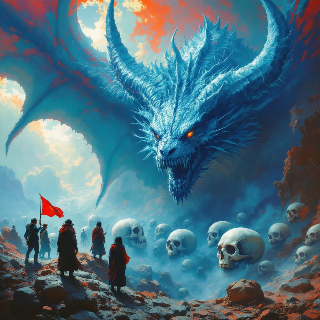 AI generated:  people are standing under a dragon watching other skulls, in the style of concept art, light sky-bl...