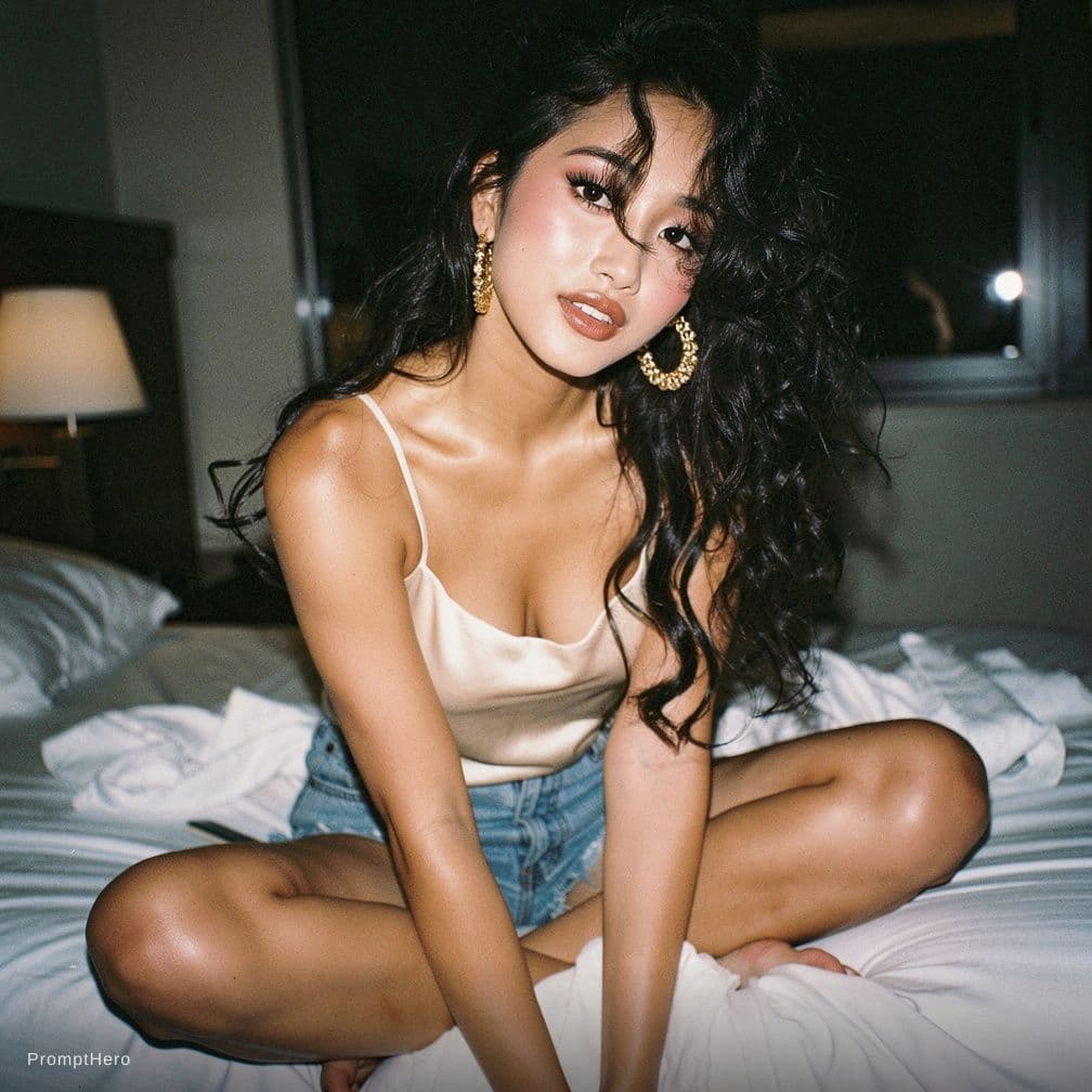AI generated: legs open wide, mini crop top, on the bed, top view, half-naked, topless, inside motel room, wet hai...