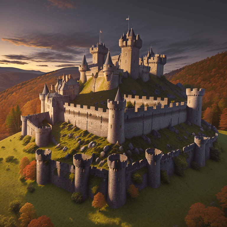 AI generated: High resolution photography of a medieval castle with stone walls extending to symmetrical large mos...
