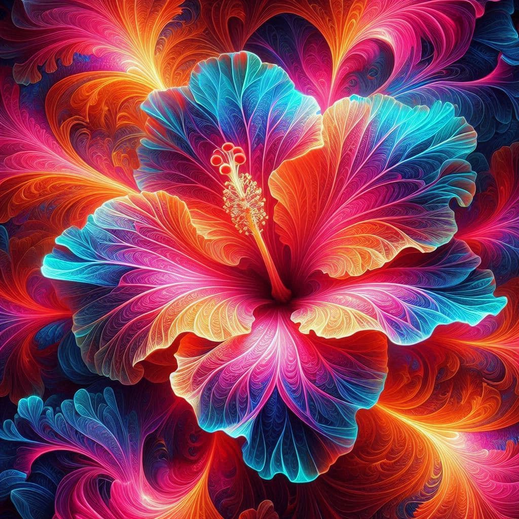 AI generated: vivid, brilliant, kaleidoscopic, fluorescent glowing Hibiscus: mixed media